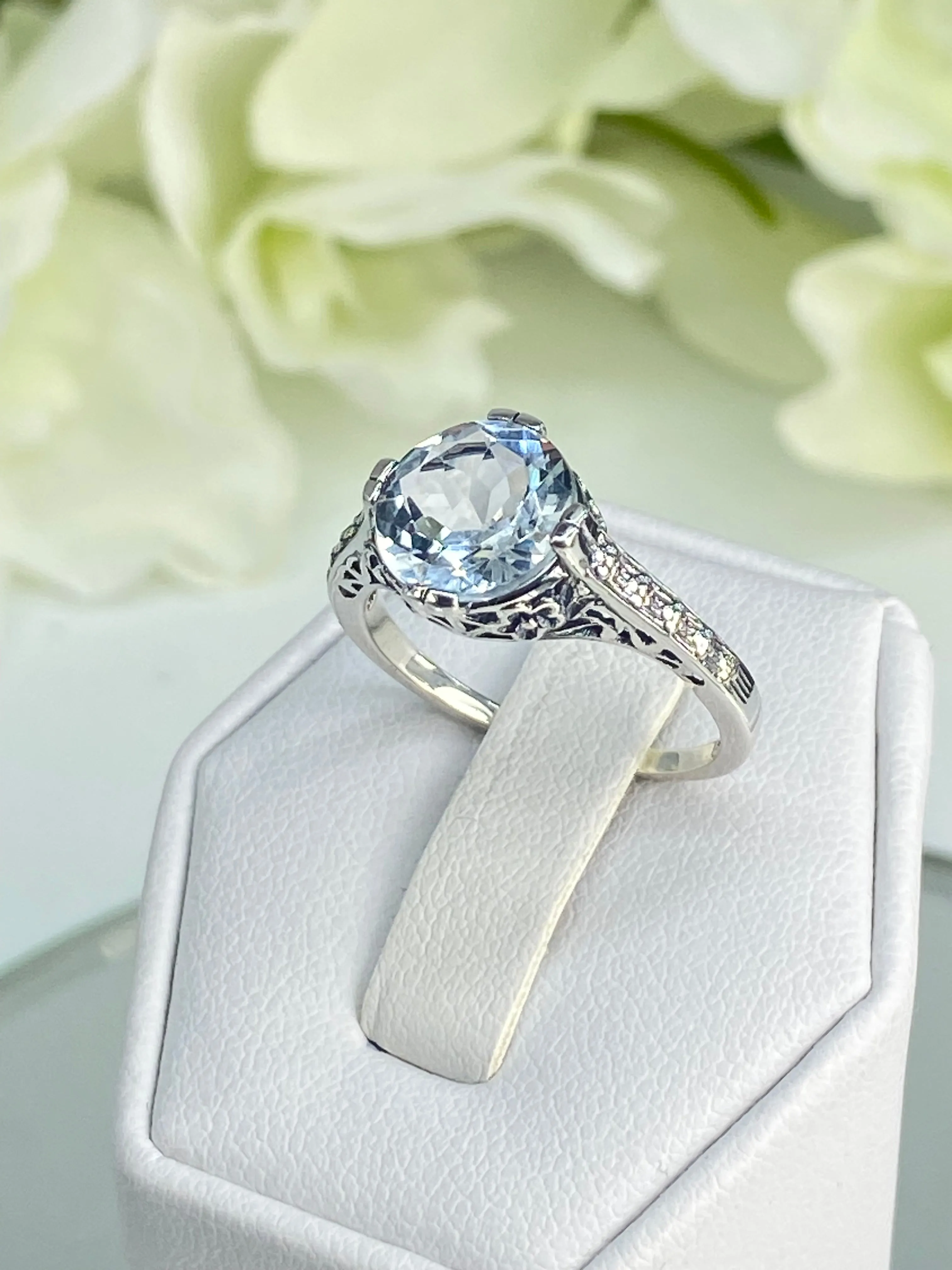 White Flower Ring, CZ or Natural Topaz, Round Gem, Vintage Style Jewelry, D27