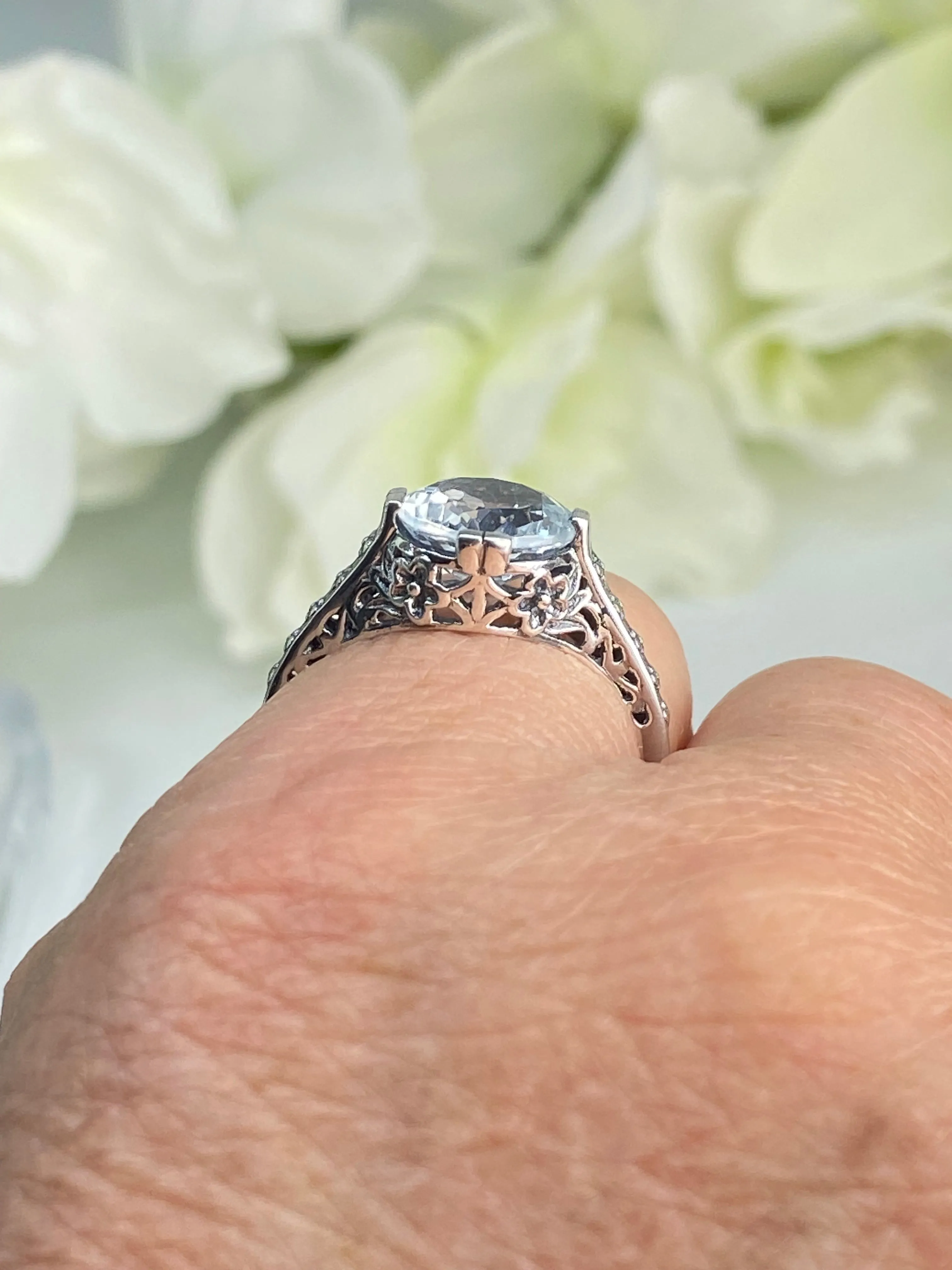 White Flower Ring, CZ or Natural Topaz, Round Gem, Vintage Style Jewelry, D27