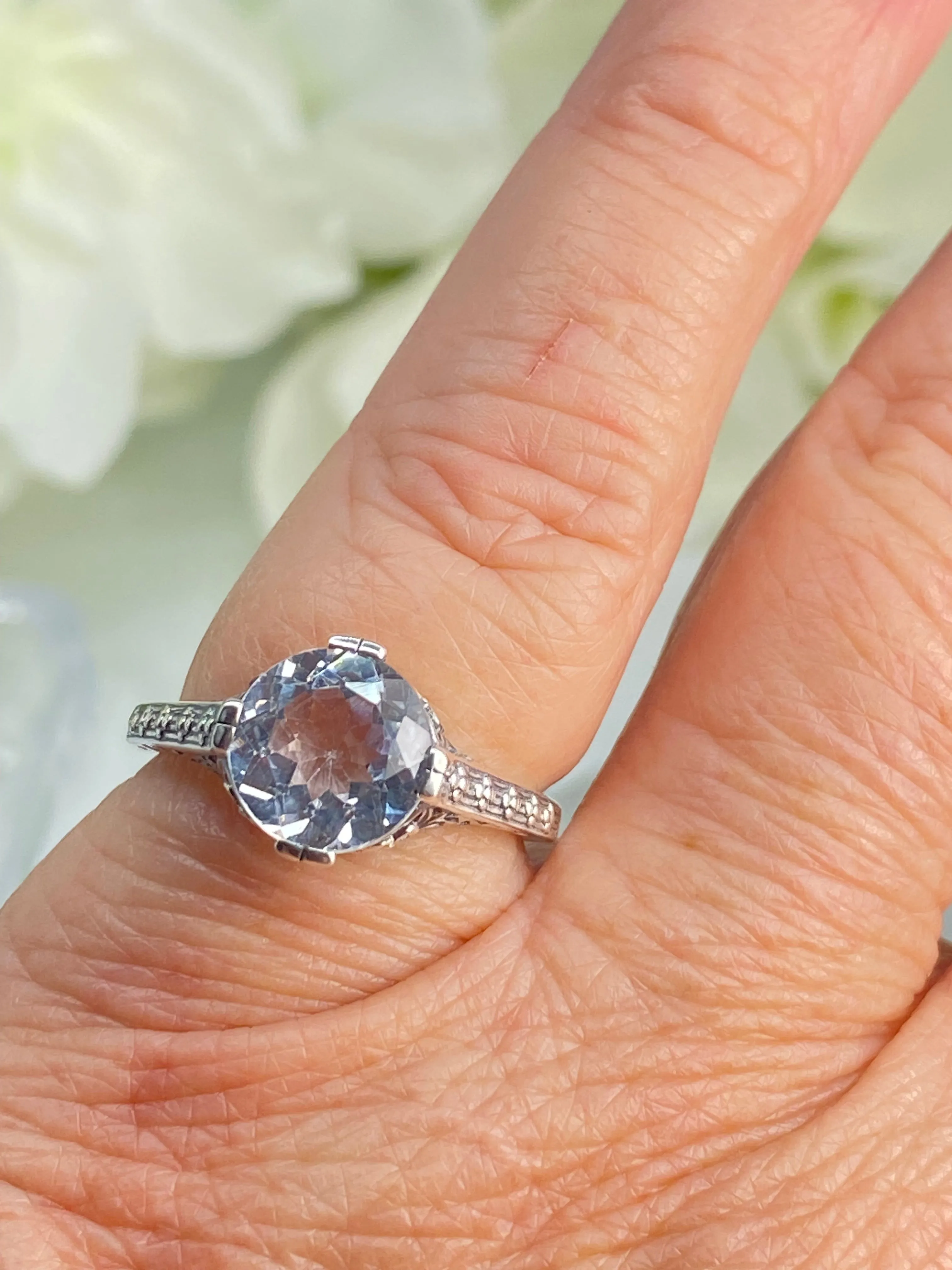 White Flower Ring, CZ or Natural Topaz, Round Gem, Vintage Style Jewelry, D27