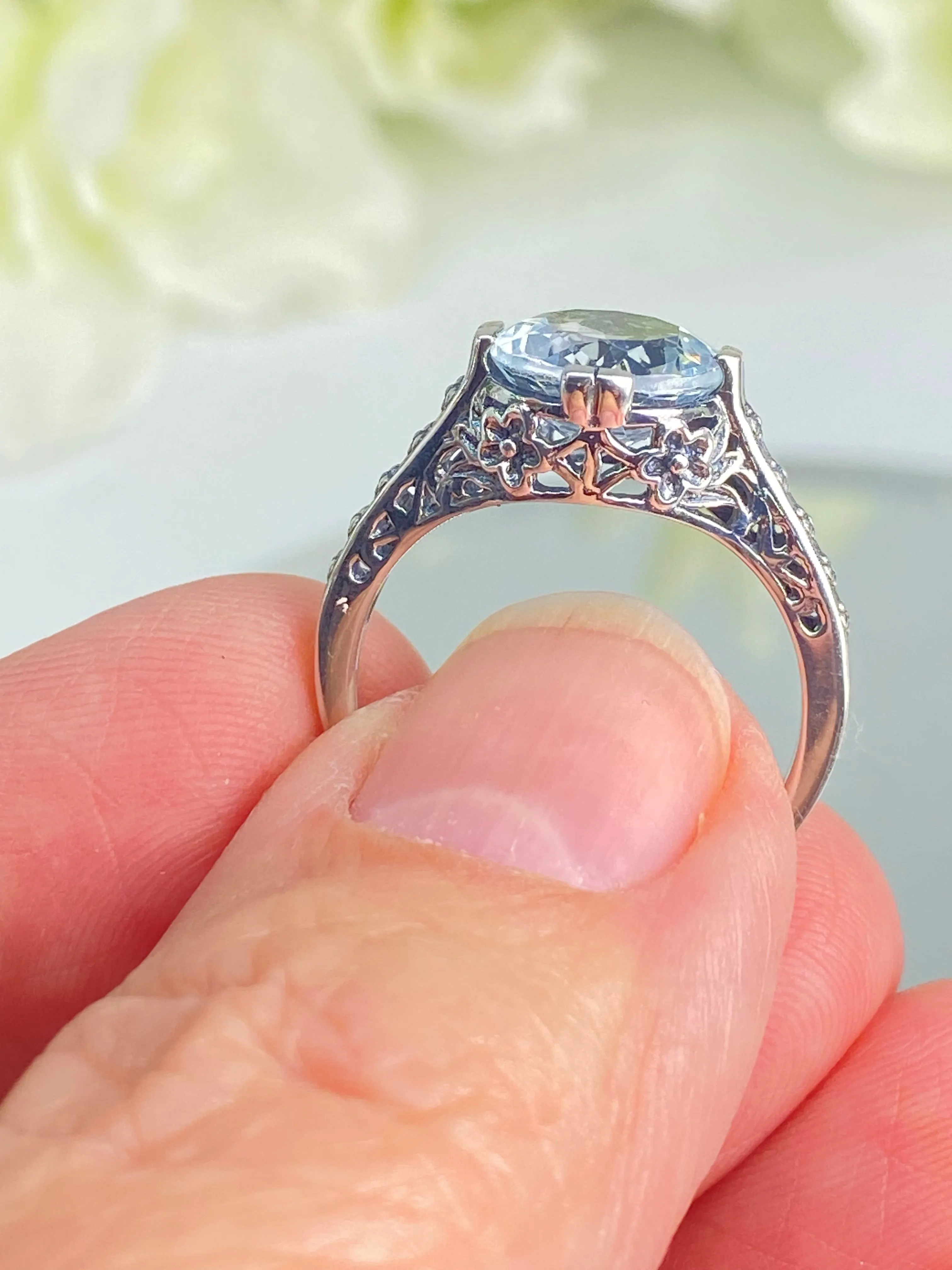 White Flower Ring, CZ or Natural Topaz, Round Gem, Vintage Style Jewelry, D27