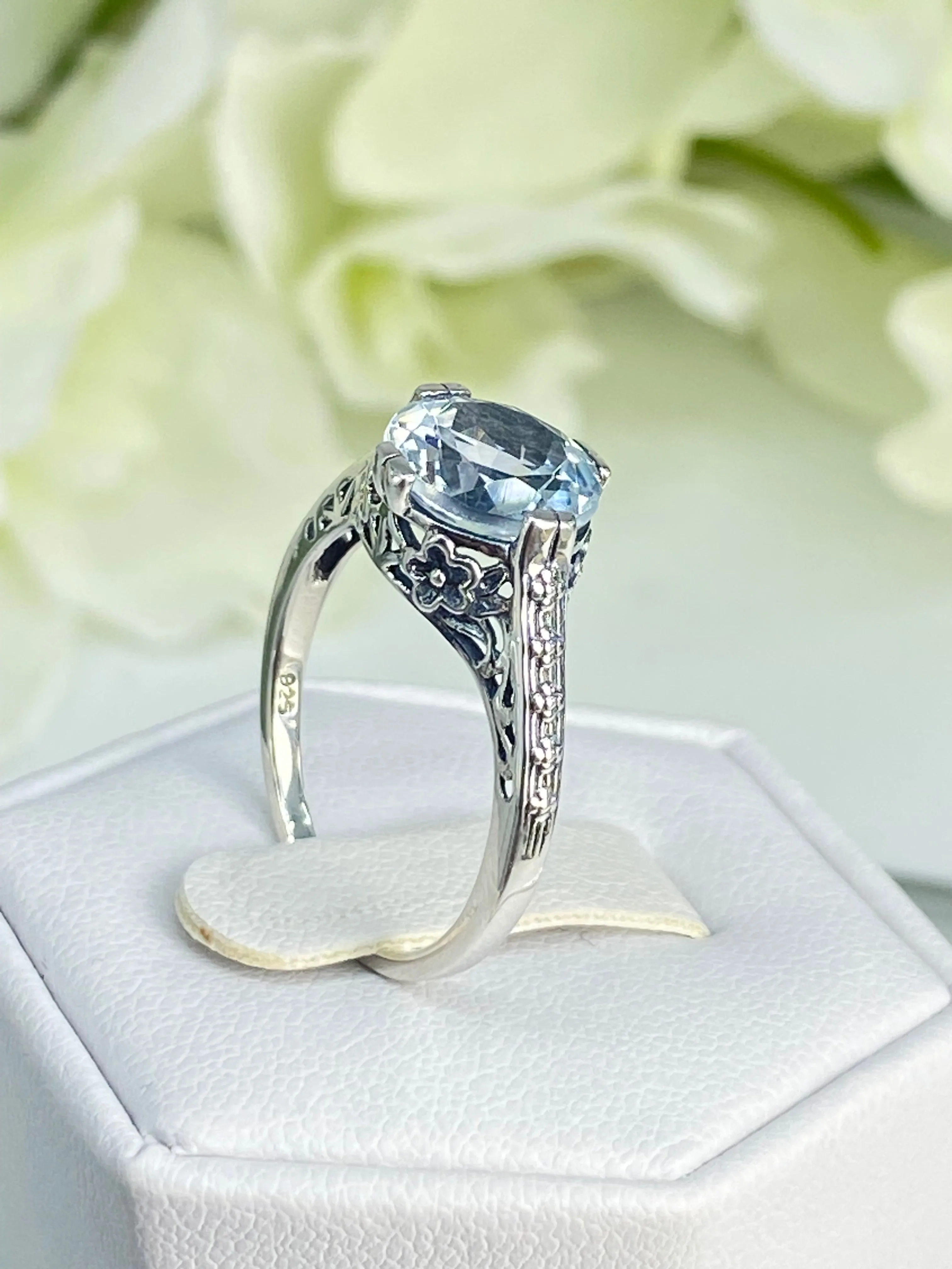 White Flower Ring, CZ or Natural Topaz, Round Gem, Vintage Style Jewelry, D27