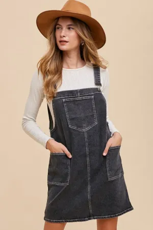 Wide Strap Denim Overall Dress with Pockets