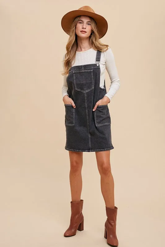 Wide Strap Denim Overall Dress with Pockets