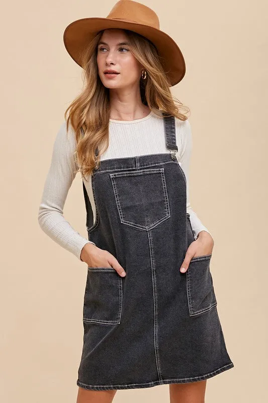 Wide Strap Denim Overall Dress with Pockets