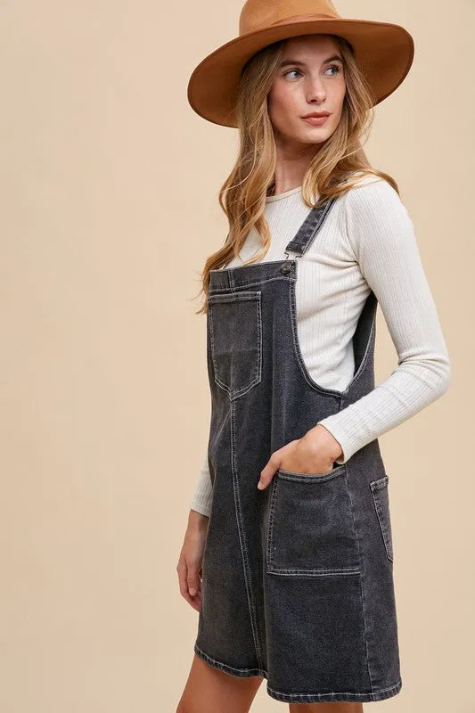Wide Strap Denim Overall Dress with Pockets