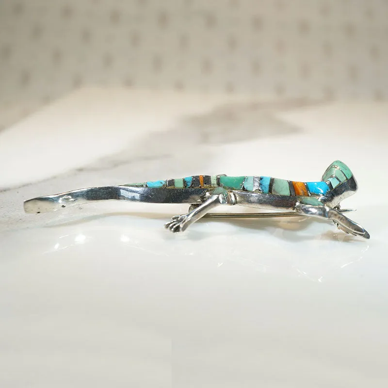 Wriggly Lizard Silver & Stone Inlay Brooch by D. Romero