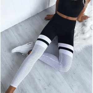 Yoga leggings black and white stitching hip breathable mesh yoga pants
