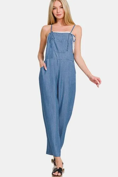 Zenana Washed Adjustable Strap Wide Leg Denim Overalls